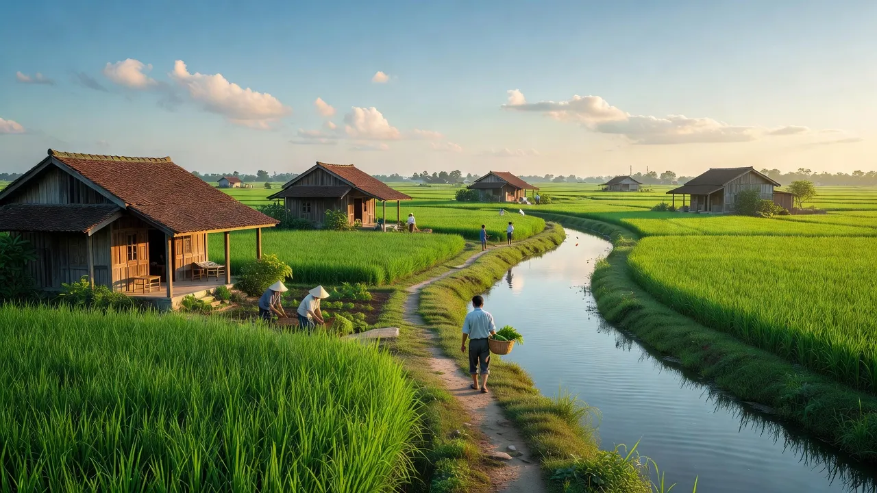 Thị trấn Yên Định, Hải Hậu, Nam Định với cánh đồng xanh và nhà truyền thống tạo nên bức tranh thanh bình.