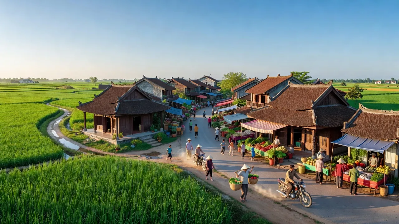 Thị trấn Yên Định, huyện Hải Hậu, tỉnh Nam Định với kiến trúc truyền thống và đồng lúa xanh.