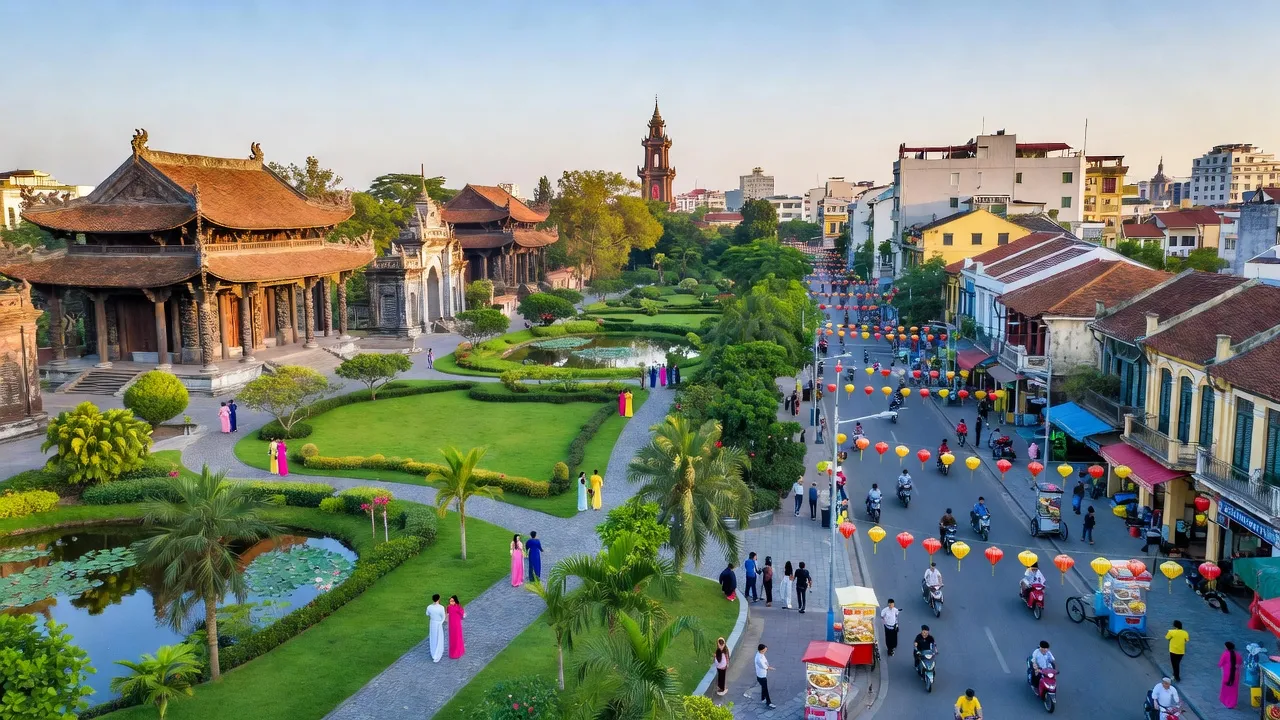 Khung cảnh thành phố Nam Định với kiến trúc lịch sử và không gian xanh, văn hóa miền Bắc.