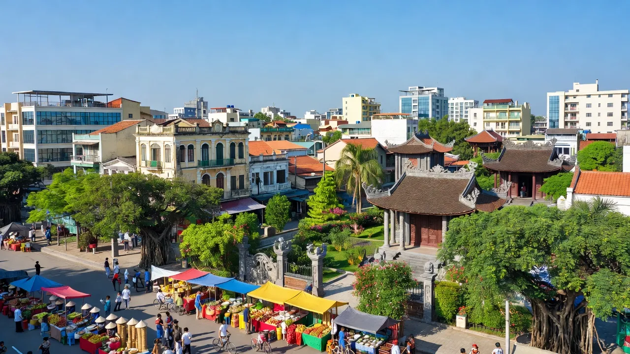 Khung cảnh thành phố Nam Định với kiến trúc truyền thống và không khí sôi động, nền trời xanh.