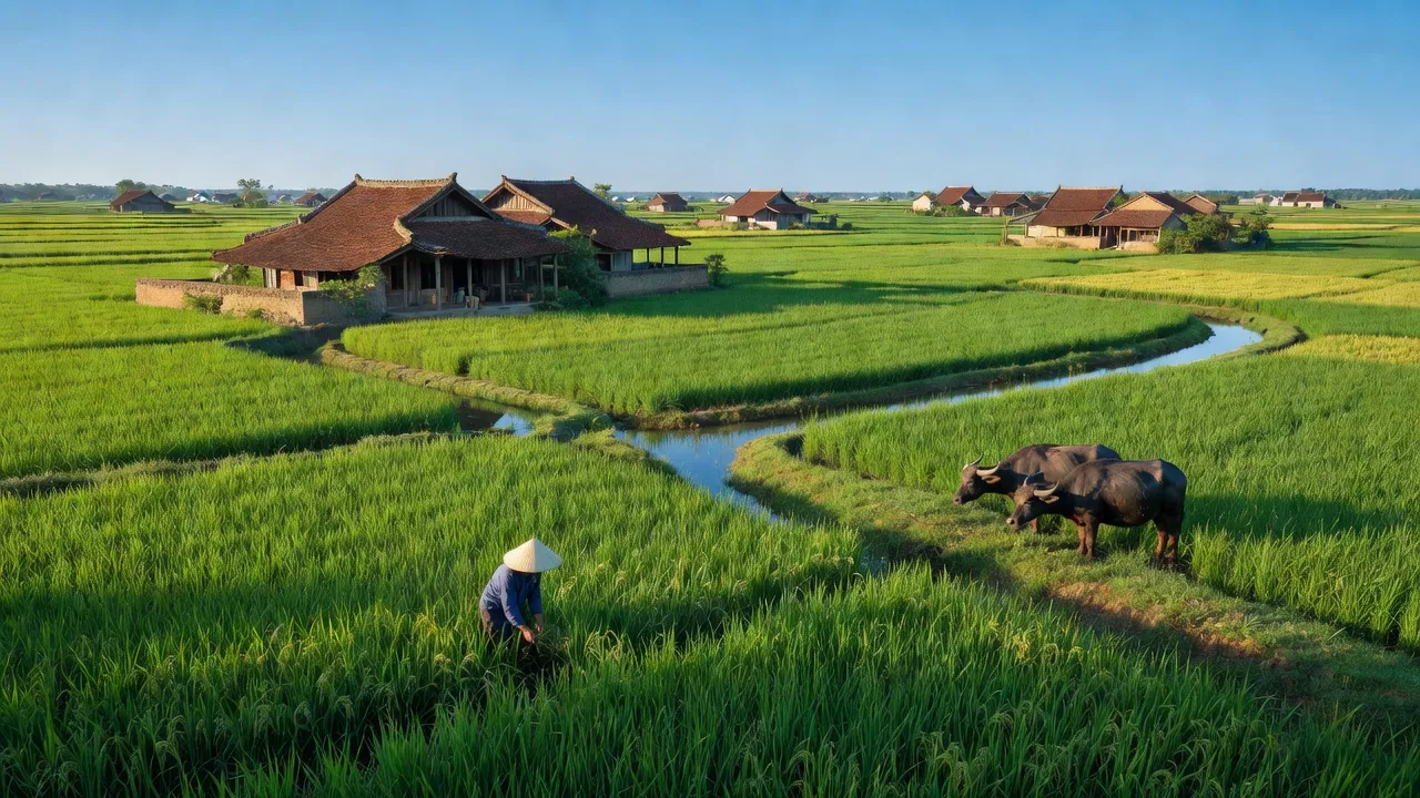Cảnh đồng ruộng xanh tươi ở xã Bình Minh, huyện Nam Trực, tỉnh Nam Định với nhà truyền thống.