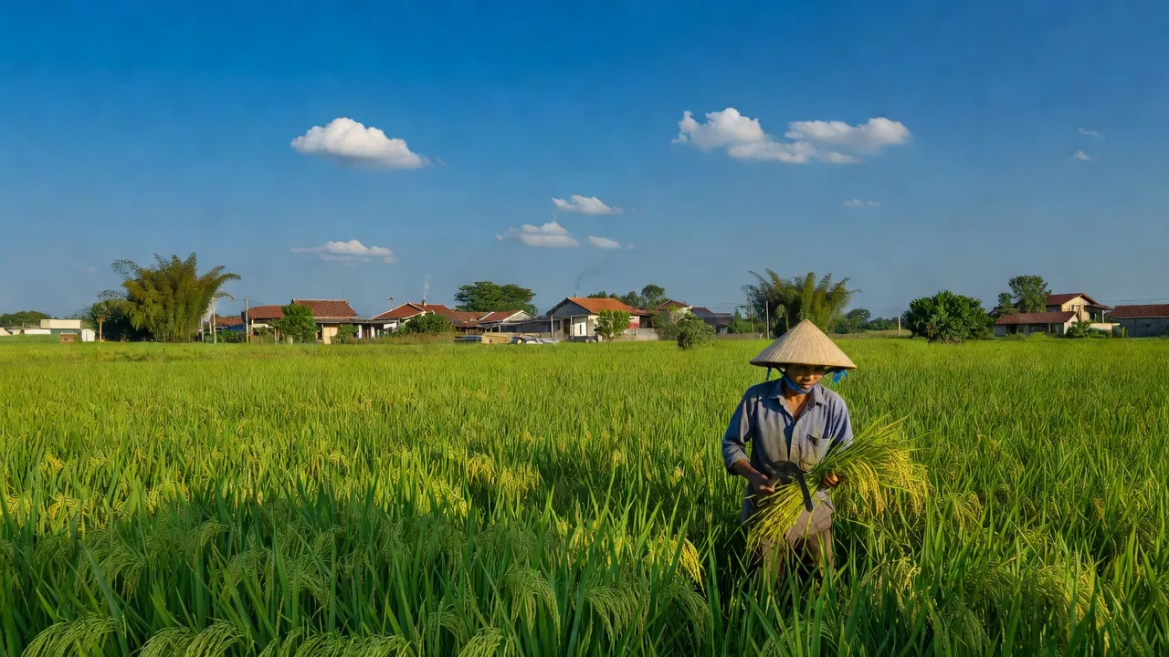 Đồng ruộng xanh tươi tại xã Bình Minh, huyện Nam Trực, tỉnh Nam Định, với hoạt động nông nghiệp