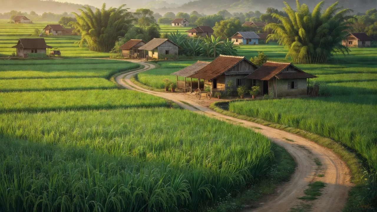 Cánh đồng xanh tươi ở xã Đồng Sơn, huyện Nam Trực, Nam Định với nhà cửa truyền thống.