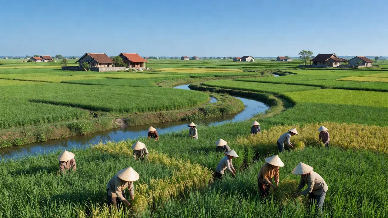 Cảnh đồng xanh Hồng Quang, huyện Nam Trực, tỉnh Nam Định, với sông Hồng và sông Đào.
