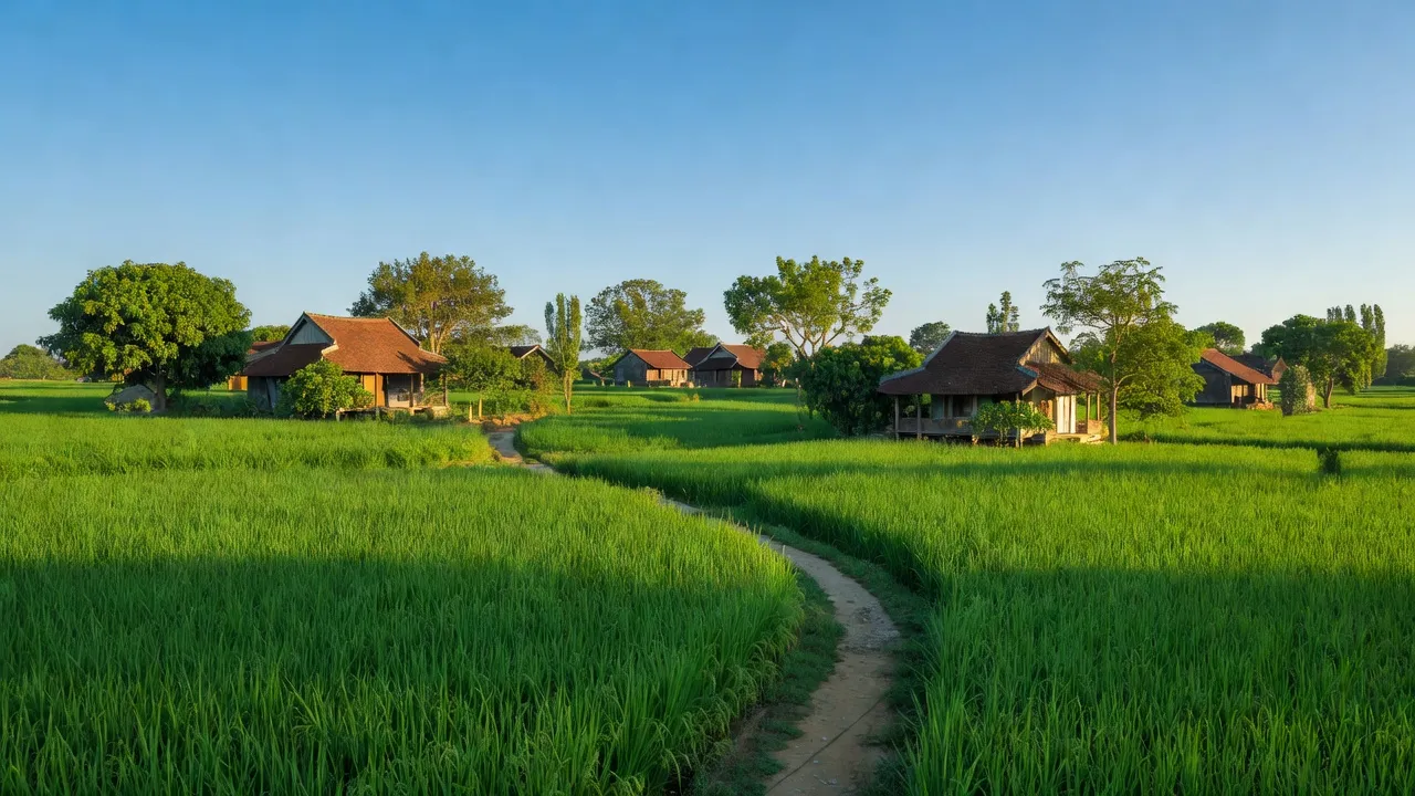 Cảnh đẹp làng quê xã Nam Cường, Huyện Nam Trực, Tỉnh Nam Định, với cánh đồng và nhà truyền thống.