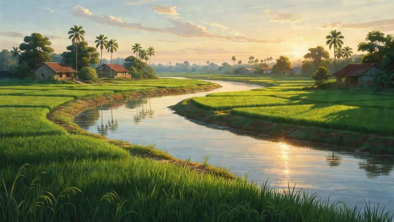 Cảnh sắc đồng quê xã Nam Cường, huyện Nam Trực, tỉnh Nam Định, với sông Hồng và ruộng xanh.