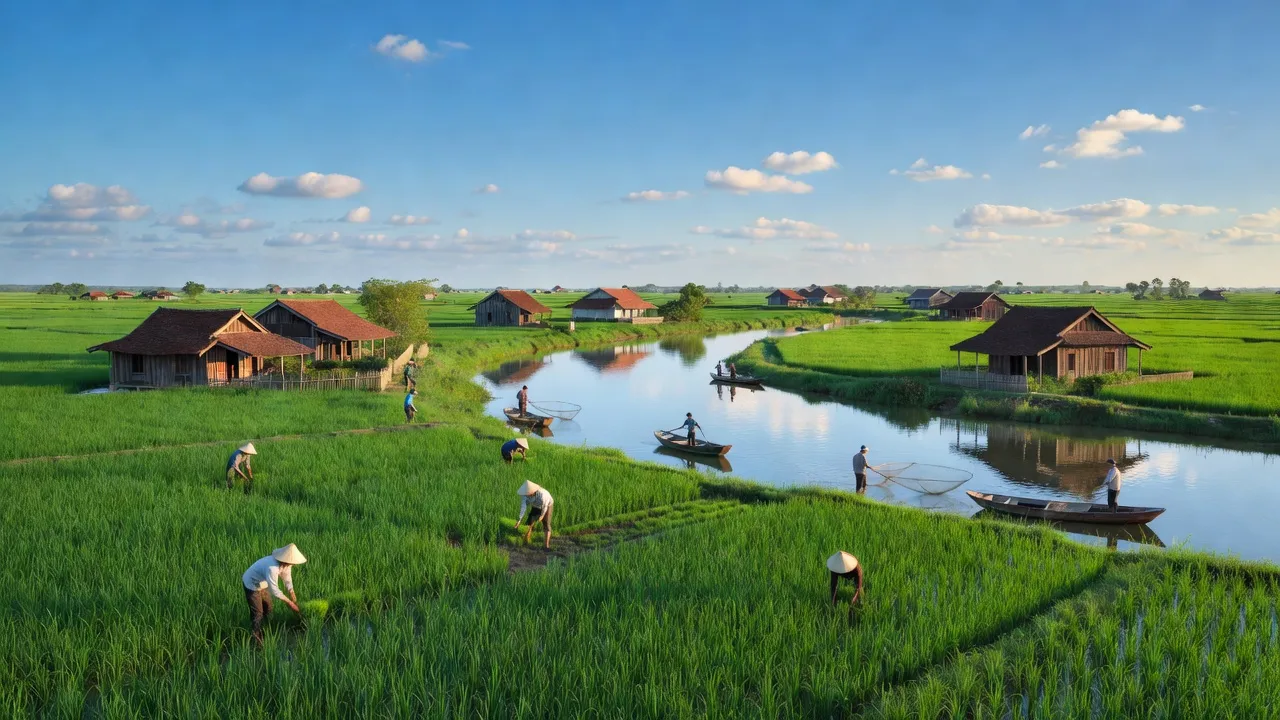 Cảnh quan xã Nam Điền, huyện Nam Trực, tỉnh Nam Định với cánh đồng và sông Hồng.