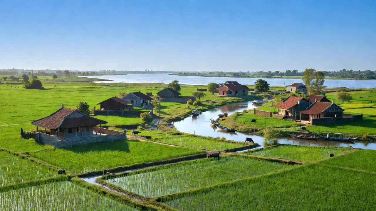 Cảnh sắc làng Nam Điền, huyện Nam Trực, tỉnh Nam Định với cánh đồng xanh và nhà truyền thống.