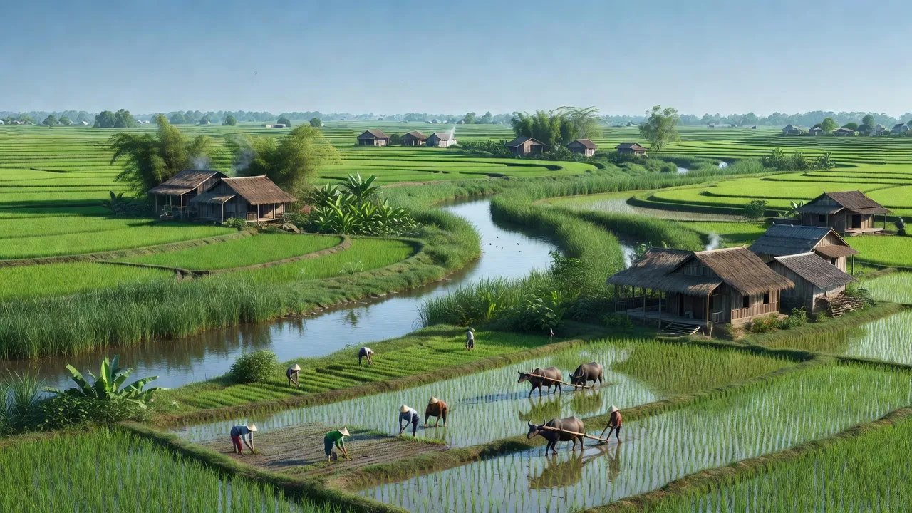 Cảnh đẹp xã Nam Dương, huyện Nam Trực, tỉnh Nam Định với đồng lúa và sông Hồng.