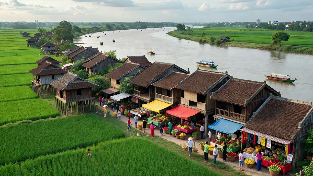 Thị trấn Nam Giang, huyện Nam Trực, tỉnh Nam Định, cảnh sông Hồng, kiến trúc truyền thống Việt Nam.