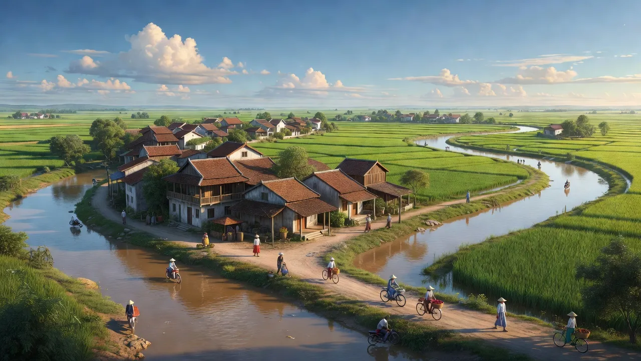 Thị trấn Nam Giang ở tỉnh Nam Định, với cảnh sông và nhà truyền thống, không khí tươi mát.