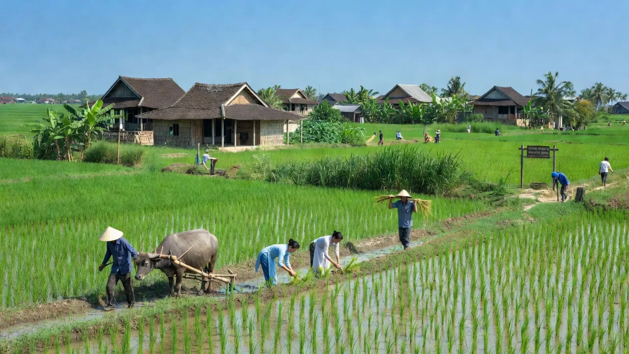 Khung cảnh yên bình ở Xã Nam Hải, Huyện Nam Trực, với cánh đồng lúa và nhà truyền thống.