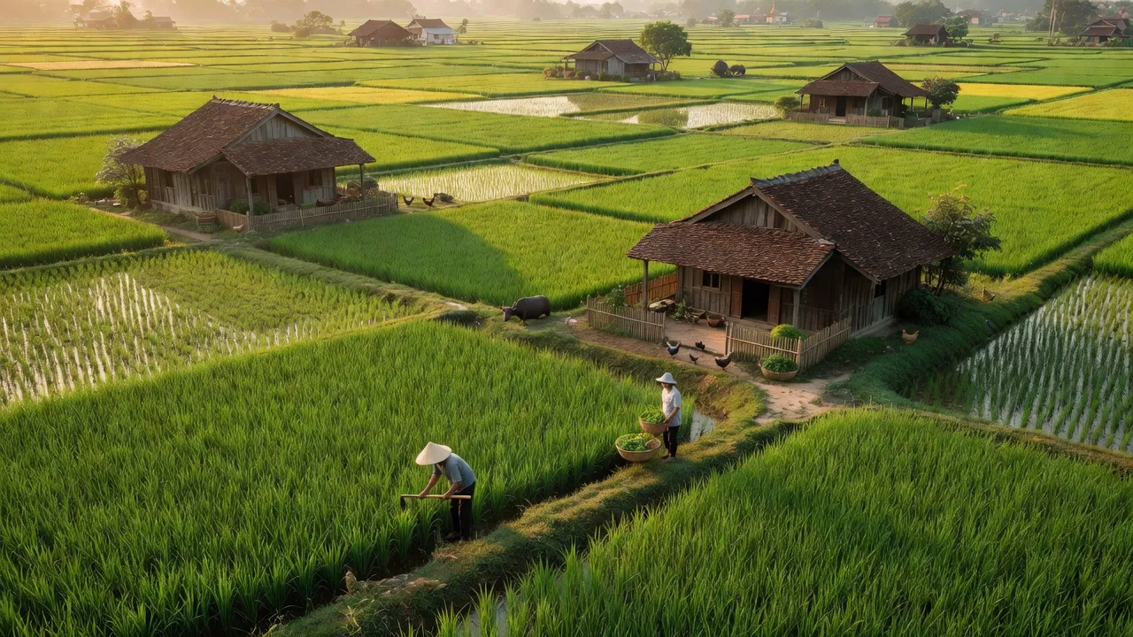 Cảnh quan xã Nam Hồng, huyện Nam Trực, tỉnh Nam Định với cánh đồng xanh và nhà truyền thống.