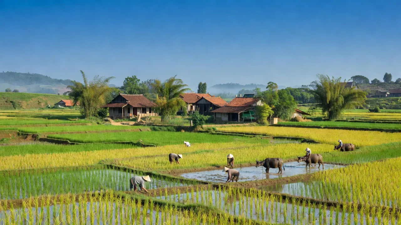 Khung cảnh xanh tươi của xã Nam Hồng, huyện Nam Trực, tỉnh Nam Định với cánh đồng lúa.