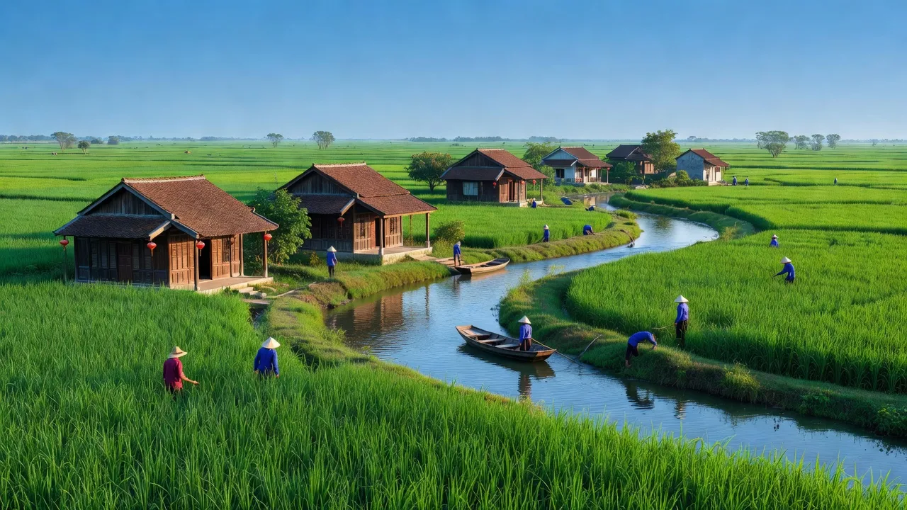 Cảnh quan yên bình xã Nam Thái, huyện Nam Trực, tỉnh Nam Định với ruộng lúa và sông Đào.