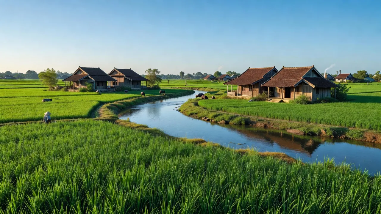 Quang cảnh xã Nam Thái, huyện Nam Trực, tỉnh Nam Định với ruộng xanh và nhà truyền thống.
