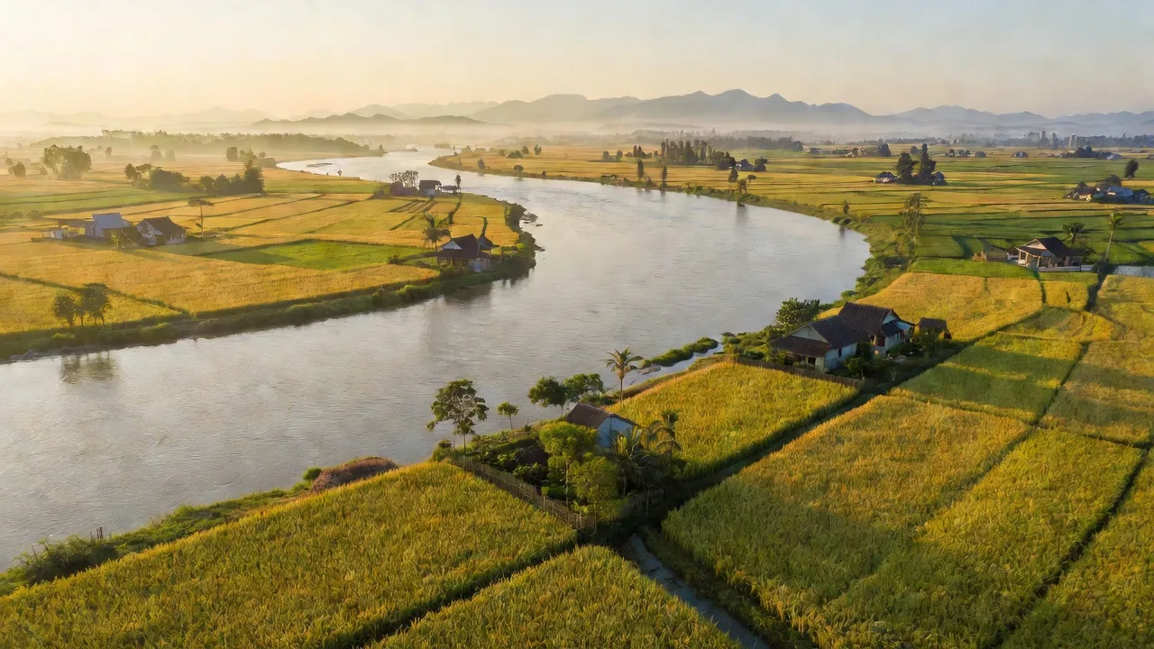 Cảnh nông thôn xã Nam Thắng, huyện Nam Trực, Nam Định với sông Hồng và cánh đồng xanh.