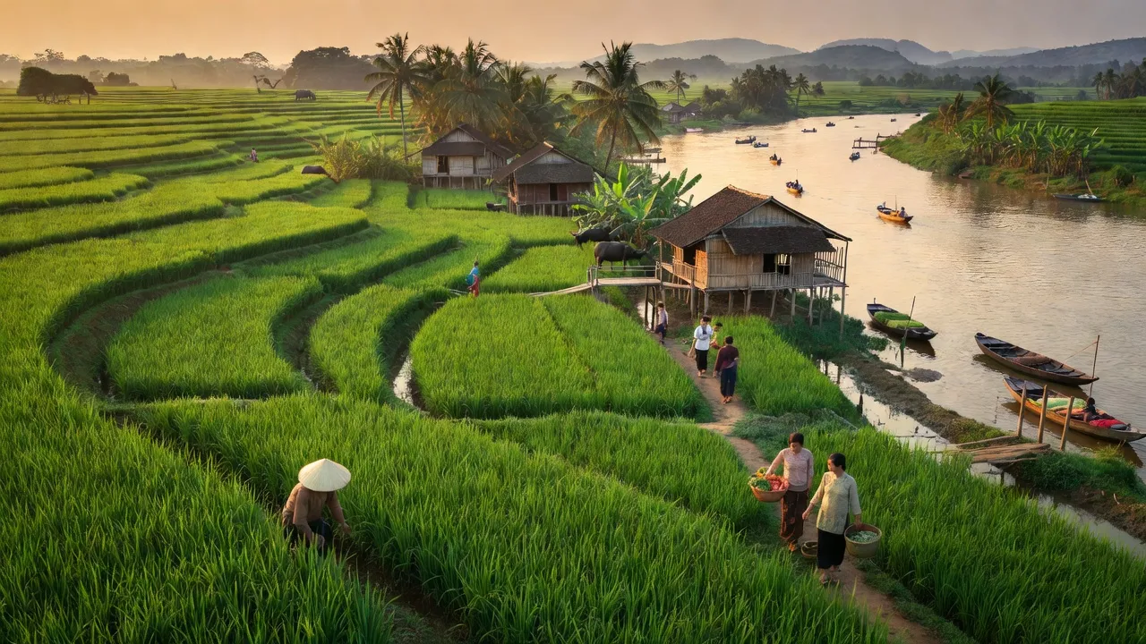 Cảnh sắc xã Nam Thắng, huyện Nam Trực, tỉnh Nam Định với ruộng xanh và sông Hồng.