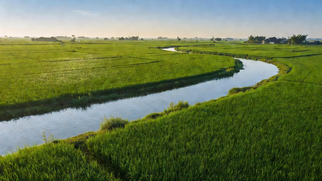 Phong cảnh xã Nam Thanh, huyện Nam Trực, Nam Định với cánh đồng và dòng sông Hồng.