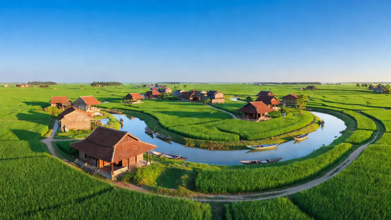 Khung cảnh làng Nam Tiến, huyện Nam Trực, tỉnh Nam Định với đồng lúa xanh và nhà truyền thống.