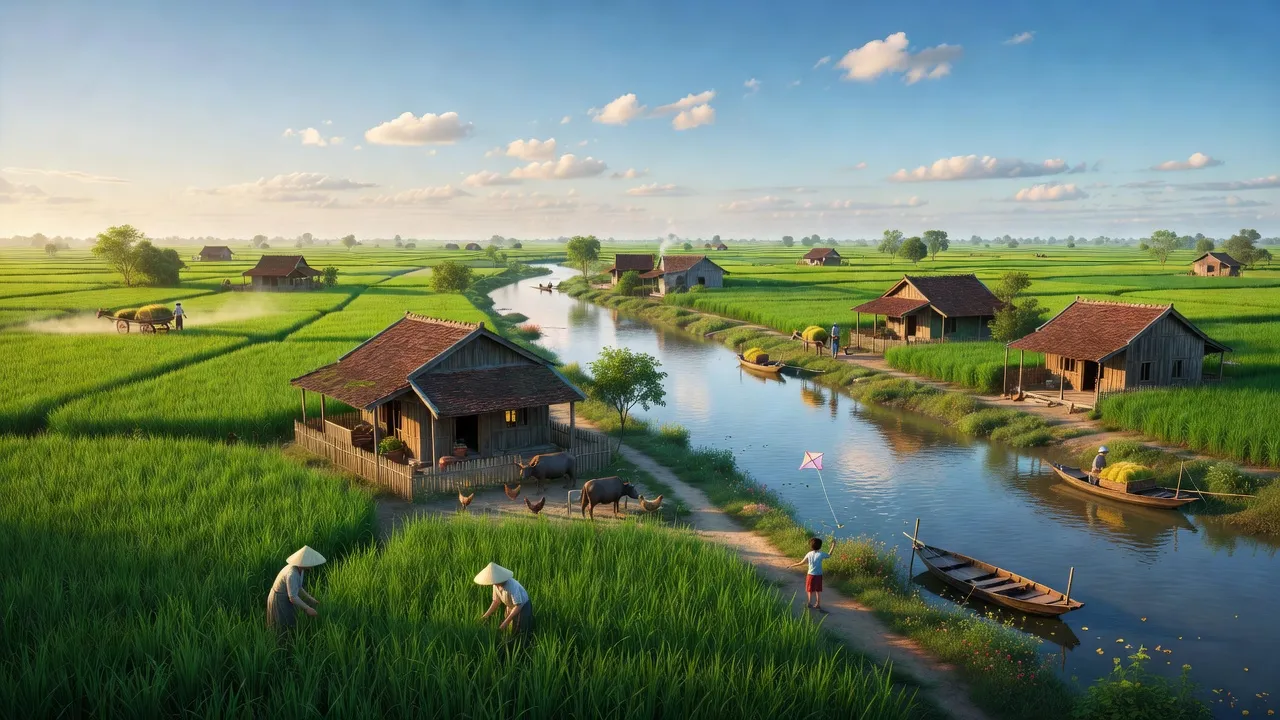 Khung cảnh xanh mướt ở xã Nghĩa An, huyện Nam Trực, với sông Hồng và sông Đào.
