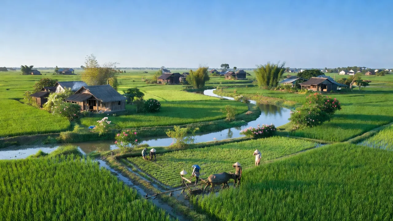Khung cảnh yên bình ở xã Nghĩa An, huyện Nam Trực, tỉnh Nam Định với đồng ruộng xanh tươi.