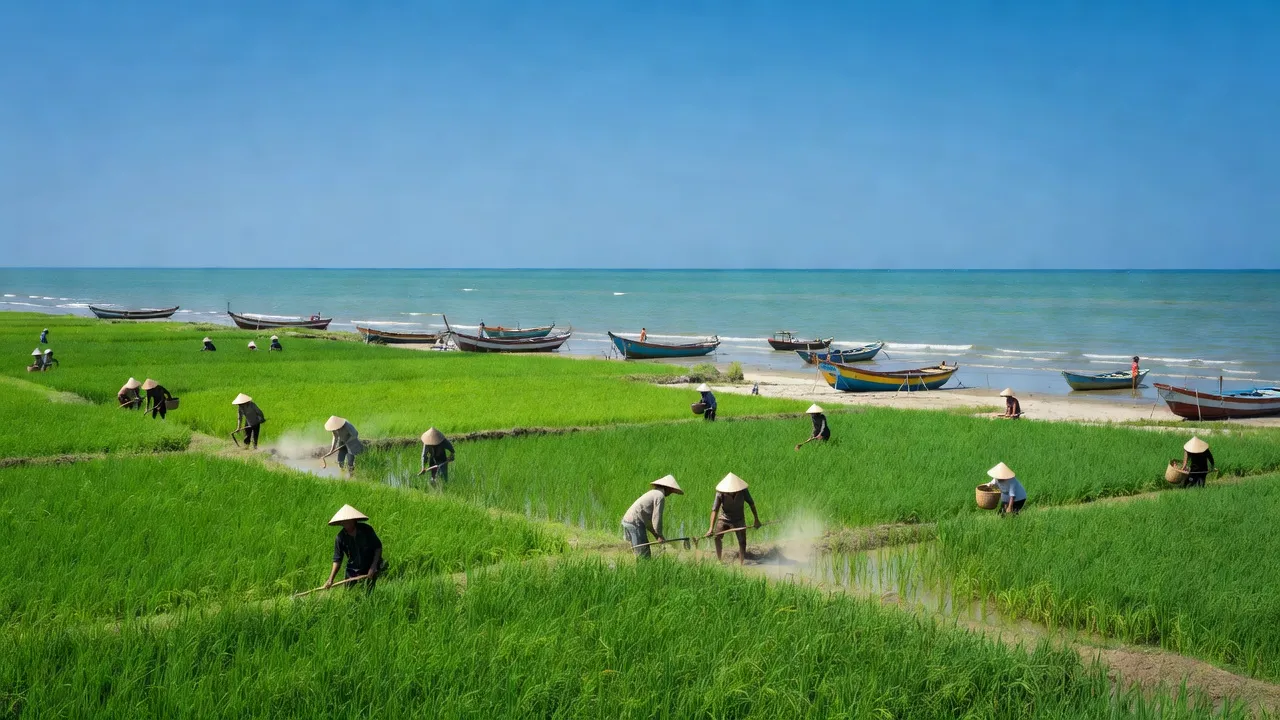 Cảnh quan ven biển Nghĩa Hưng, Nam Định với ruộng xanh, biển, và ngư dân đang làm việc.