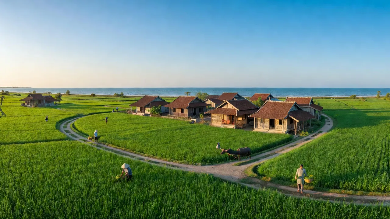 Huyện Nghĩa Hưng, Nam Định với cảnh biển và nông nghiệp, thể hiện sự phát triển kinh tế địa phương.