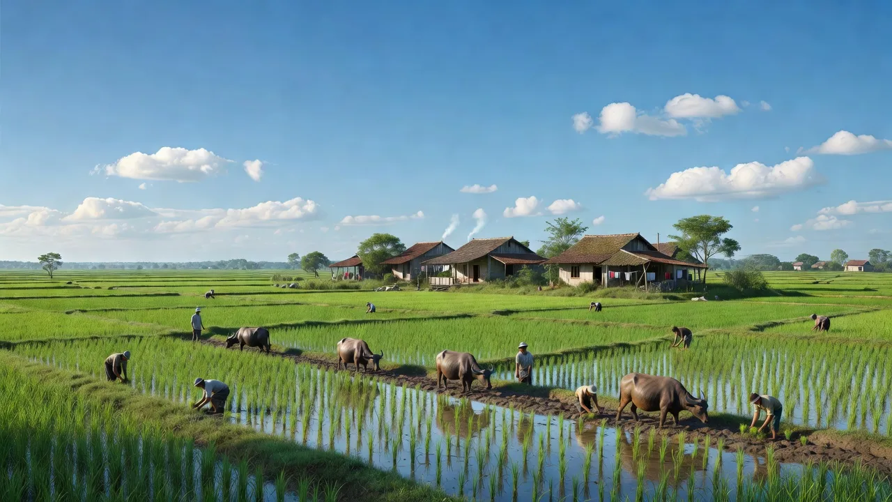 Cảnh đồng quê xã Đồng Thịnh, huyện Nghĩa Hưng, Nam Định với không gian yên bình và cánh đồng xanh.