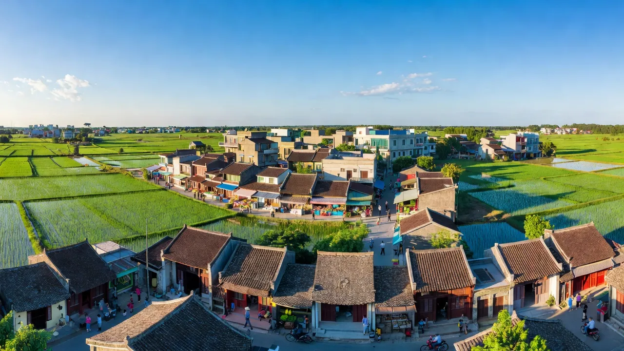 Khung cảnh thị trấn Liễu Đề, Nghĩa Hưng, Nam Định với cánh đồng xanh và nhà truyền thống.