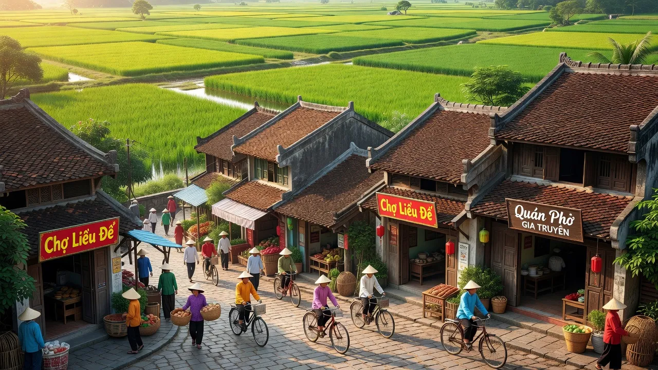 Thị trấn Liễu Đề, Nghĩa Hưng, Nam Định với nhà cửa và cánh đồng xanh đẹp.