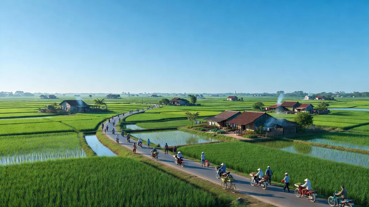 Phong cảnh xã Nam Điền, huyện Nghĩa Hưng, Nam Định với đồng ruộng và đường giao thông nhộn nhịp.