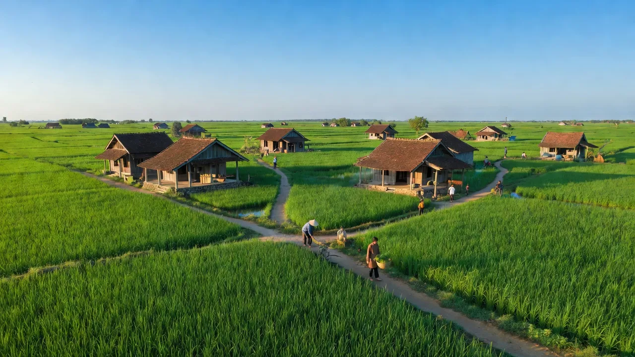 Cảnh đẹp xã Nghĩa Hồng huyện Nghĩa Hưng Nam Định với cánh đồng xanh và nhà truyền thống.