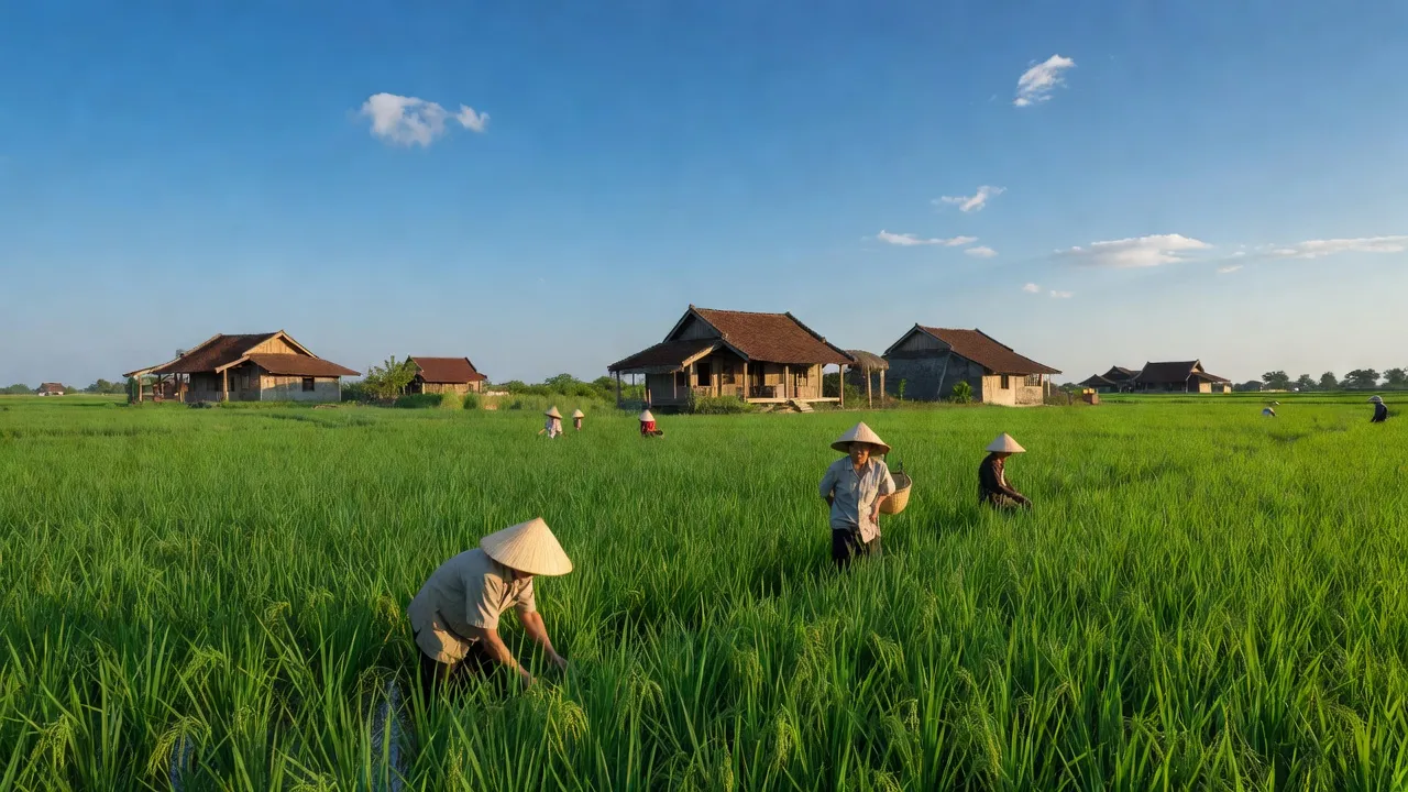 Khung cảnh yên bình ở xã Nghĩa Hồng, huyện Nghĩa Hưng, Nam Định, với ruộng xanh và nhà truyền thống.