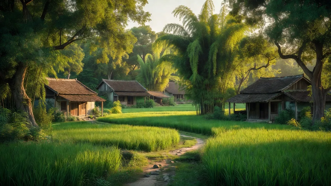 Bức tranh nông thôn xanh mướt ở Nghĩa Lạc, Nam Định với ánh nắng và nhà cửa cổ kính.