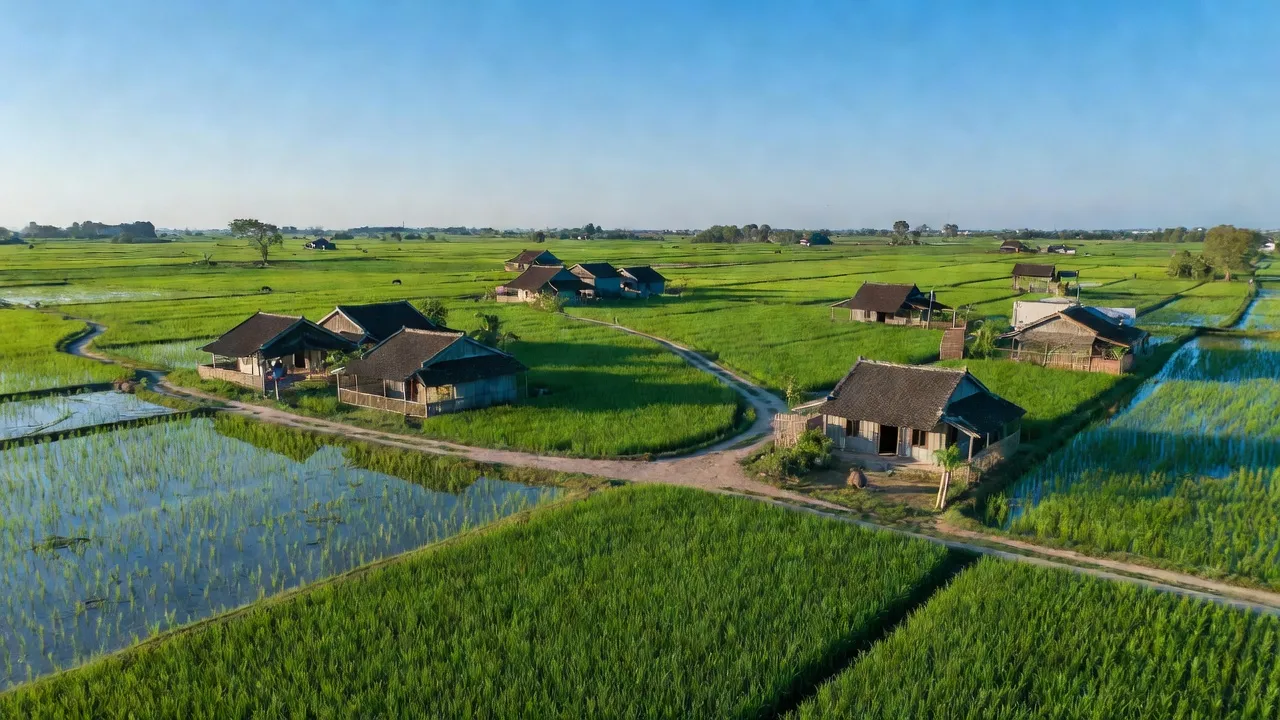 Khung cảnh xã Nghĩa Lạc, huyện Nghĩa Hưng, tỉnh Nam Định với cánh đồng xanh và nhà truyền thống.