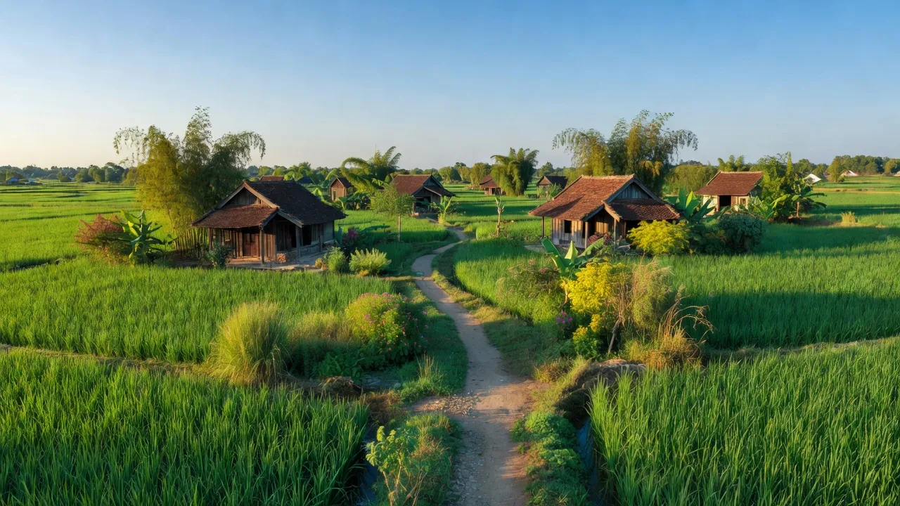 Cảnh quan nông thôn ở xã Nghĩa Lâm, huyện Nghĩa Hưng, tỉnh Nam Định, với cánh đồng xanh tươi.