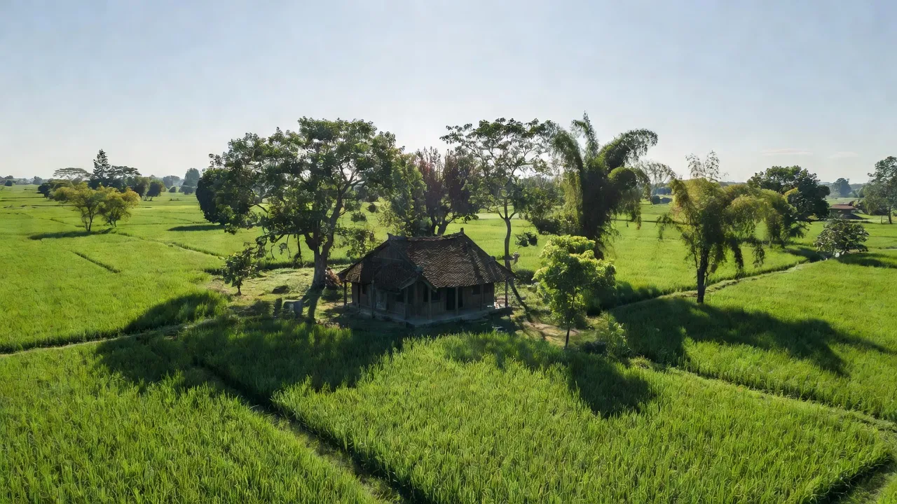 Cảnh quan nông thôn tại Nghĩa Lâm, Nam Định, với cánh đồng xanh và nhà truyền thống.