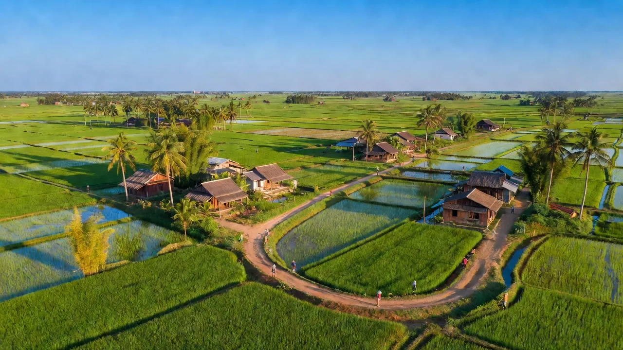 Khung cảnh tuyệt đẹp của xã Nghĩa Lợi, huyện Nghĩa Hưng, tỉnh Nam Định, cánh đồng xanh và đường làng.