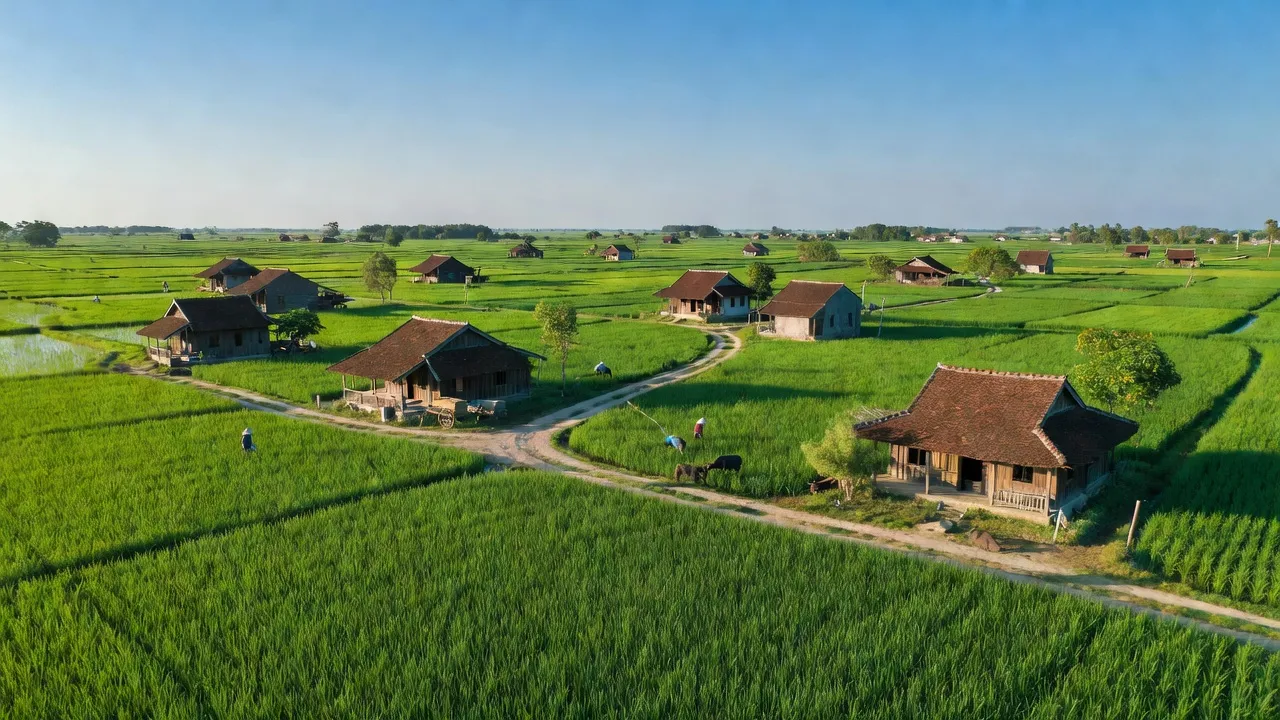 Khung cảnh làng Nghĩa Phong, huyện Nghĩa Hưng, Nam Định với cánh đồng xanh mướt và nhà truyền thống.