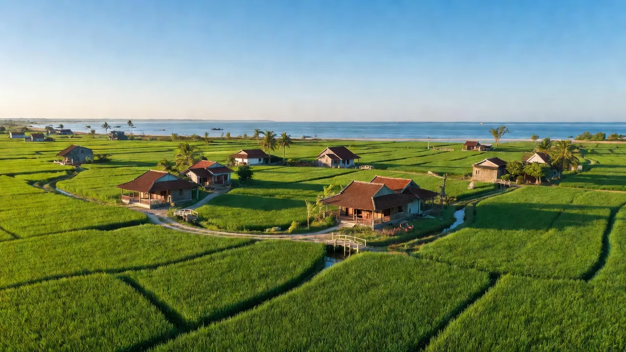 Khung cảnh đẹp của xã Nghĩa Sơn, huyện Nghĩa Hưng, tỉnh Nam Định với nhà truyền thống và cánh đồng xanh.
