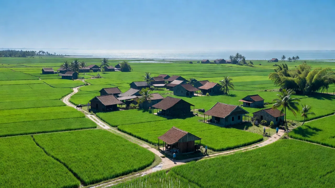 Nghĩa Sơn village, Nghĩa Hưng, Nam Định with green fields, traditional houses, and coastal scenery.