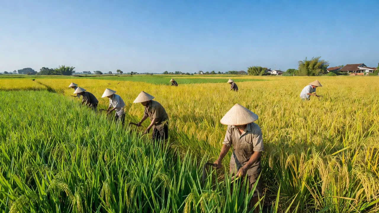 Cánh đồng xanh mướt ở xã Nghĩa Thái, Nghĩa Hưng, Nam Định, Việt Nam, với cảnh nông dân làm việc.