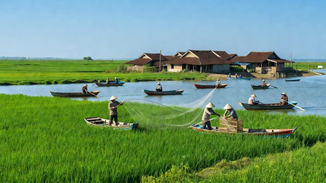 Cảnh đẹp xã Nghĩa Thành, huyện Nghĩa Hưng, Nam Định với cánh đồng xanh và ngư dân làm việc.