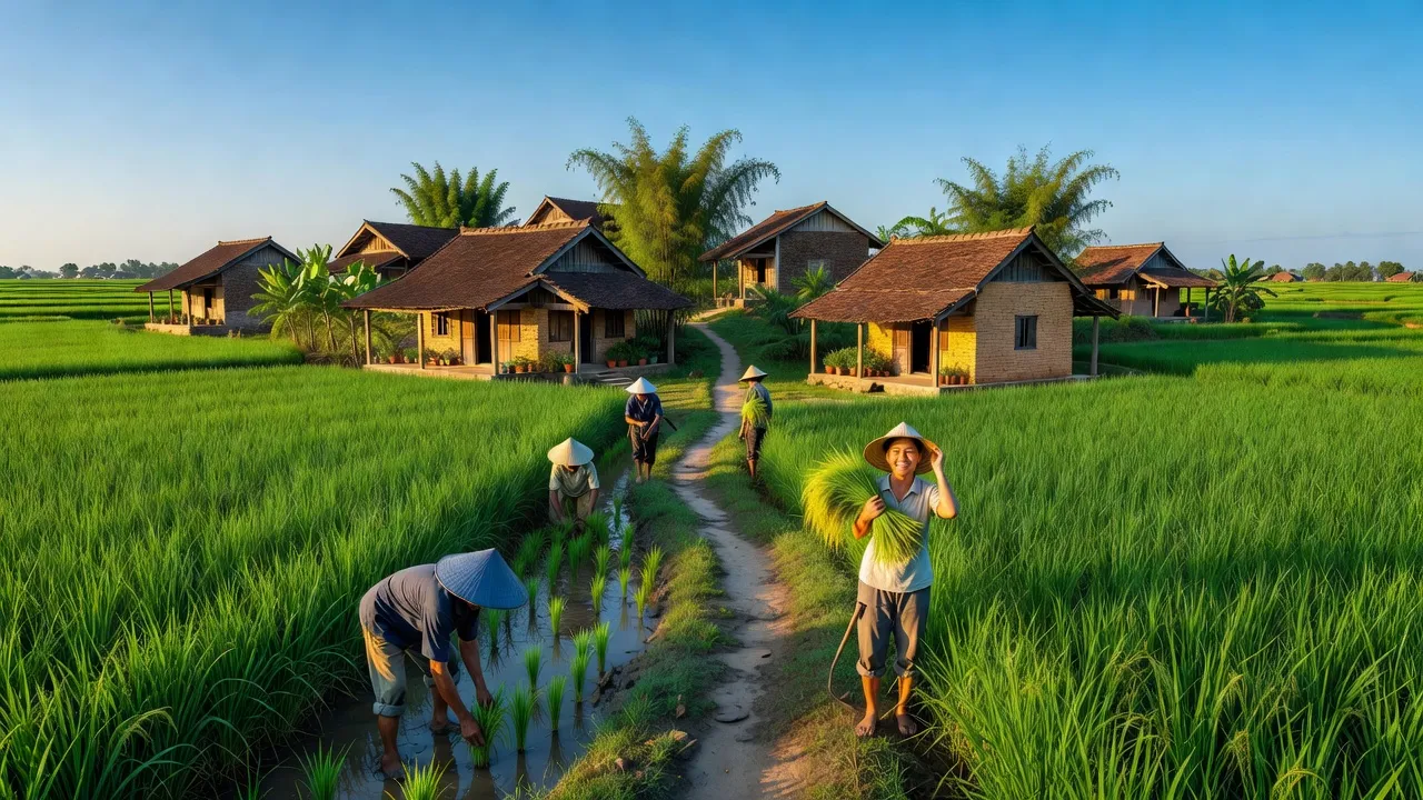 Khung cảnh làng Nghĩa Trung, Nghĩa Hưng, Nam Định với đồng ruộng xanh và nhà truyền thống.