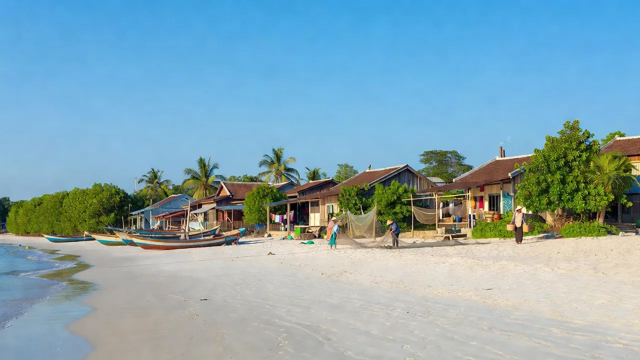 Bãi biển và ngôi nhà truyền thống tại xã Phúc Thắng, Nghĩa Hưng, Nam Định, Việt Nam.