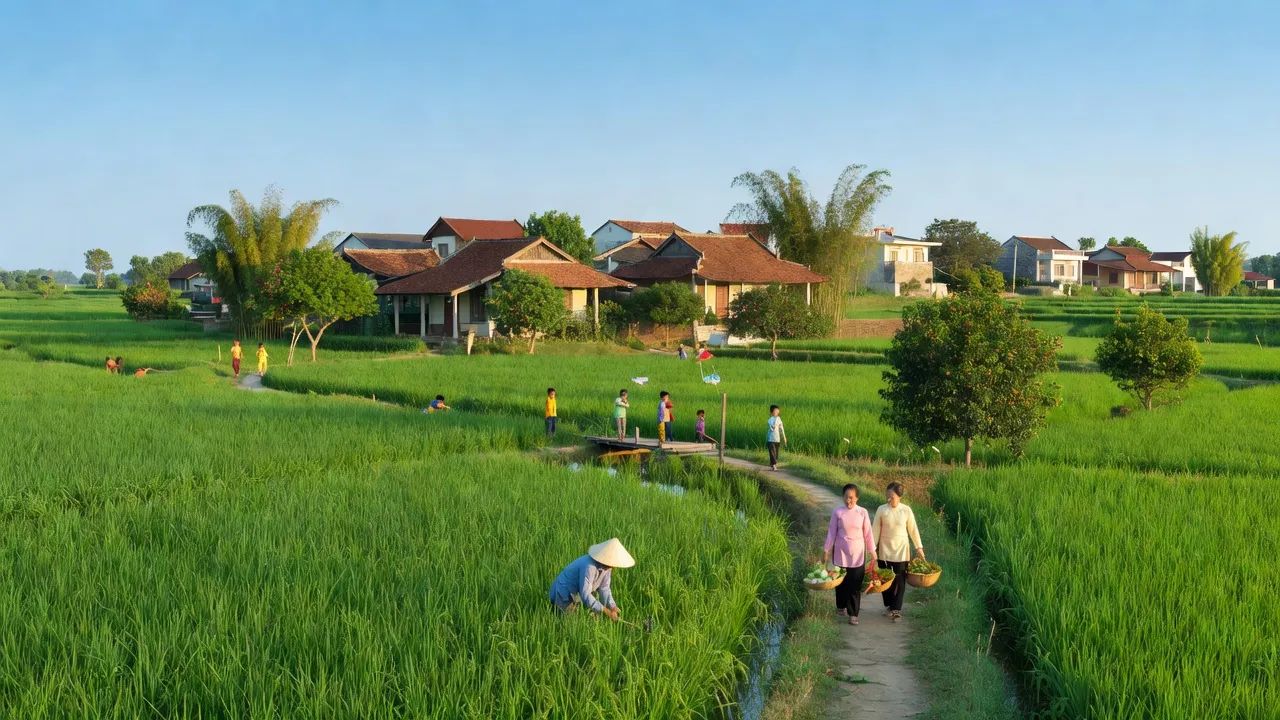 Khung cảnh thị trấn Quỹ Nhất, huyện Nghĩa Hưng, Nam Định với đồng ruộng và nhà cửa, miêu tả cuộc sống địa phương.