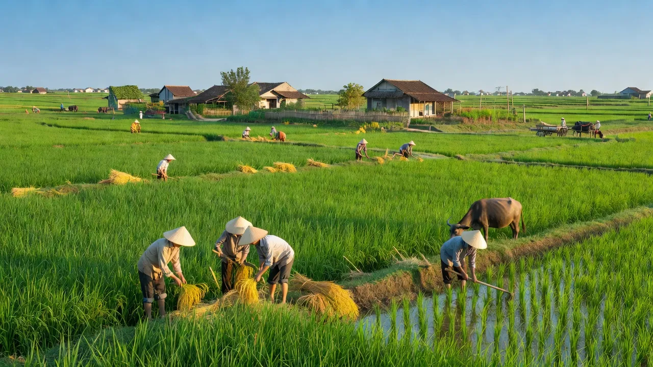 Cảnh đồng quê huyện Trực Ninh, Nam Định, với cánh đồng xanh và bầu trời trong trẻo.