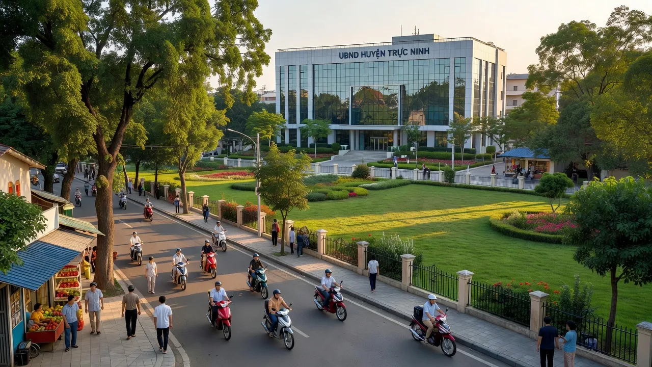 Thị trấn Cổ Lễ, huyện Trực Ninh, tỉnh Nam Định với cảnh quan hiện đại và không gian sống xanh.