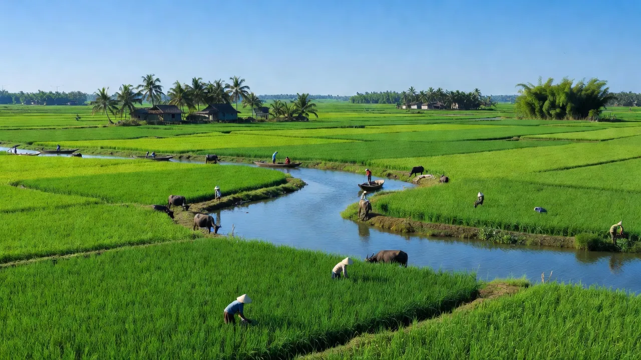 Cảnh quan Xã Liêm Hải, huyện Trực Ninh, Nam Định với đồng ruộng và dòng sông Ninh Cơ.